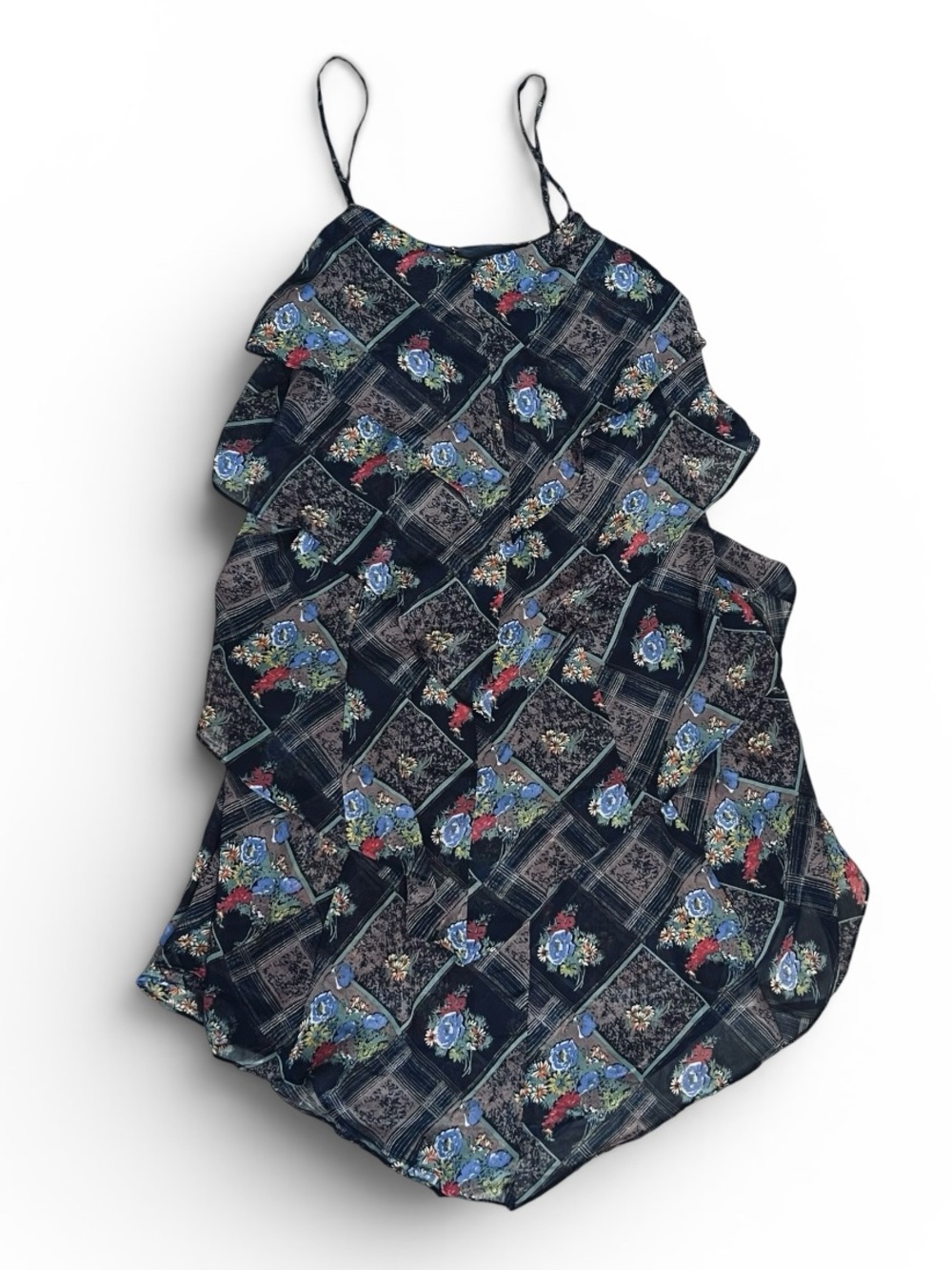 Free People Women’s 10 Floral Mini Dress Daisy Chain Plaid Chiffon Asymmetrical - Picture 3 of 13